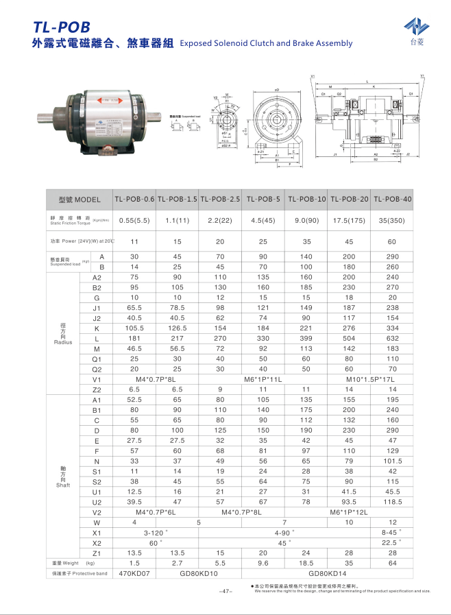 外露式電磁離合剎車器組規(guī)格參數(shù)